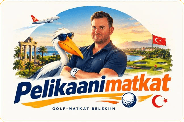 Pelikaanimatkat — pelikaani aurinkolaseissa, matkanjohtaja, Antalyan golfkenttä ja Turkin lippu